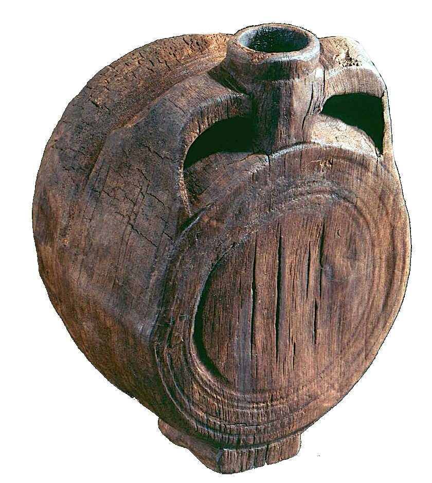 Flasque en érable avec restes de bière d'orge mielée houblonnée retrouvée dans la tombe alémanique 58 datant de 580 à Trossingen. Archäologisches Landesmuseum Baden-Württemberg