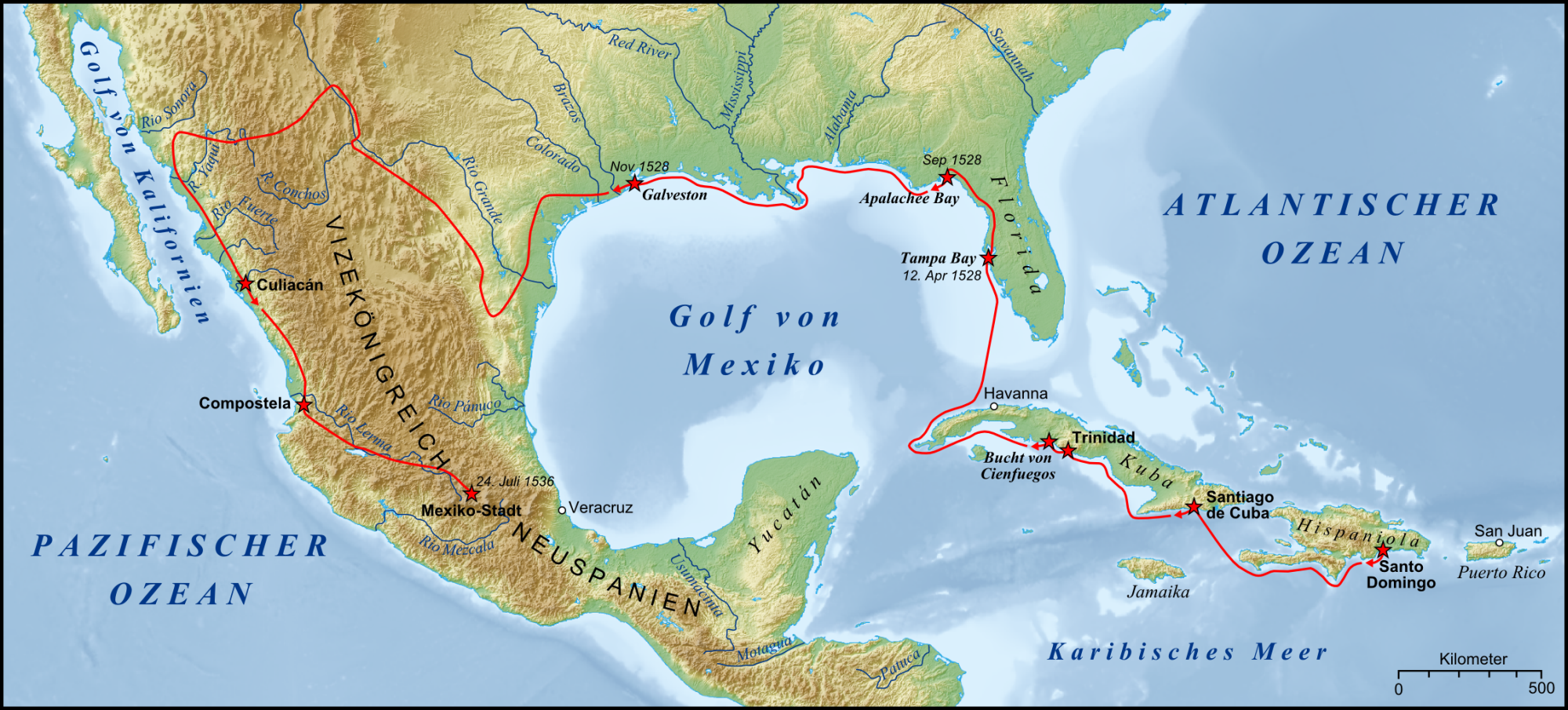 Route followed by the Pánfilo de Narváez expedition (1527-1528) and the 4 survivors (1528-1536).