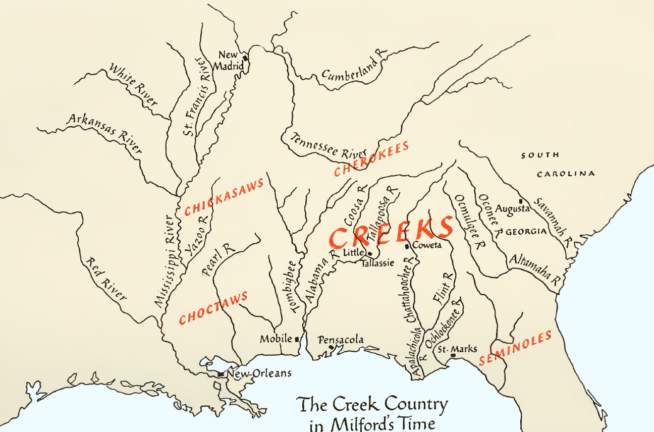 Creeks, Cherokees, Seminoles and Choctaws territories at the time of Milfort around 1785.