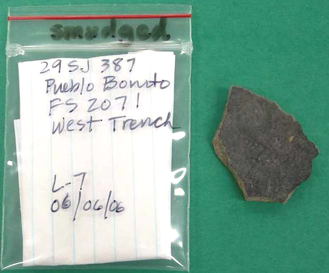 Shard of a spotted bowl from the Mogollon culture (Pueblo Bonito).