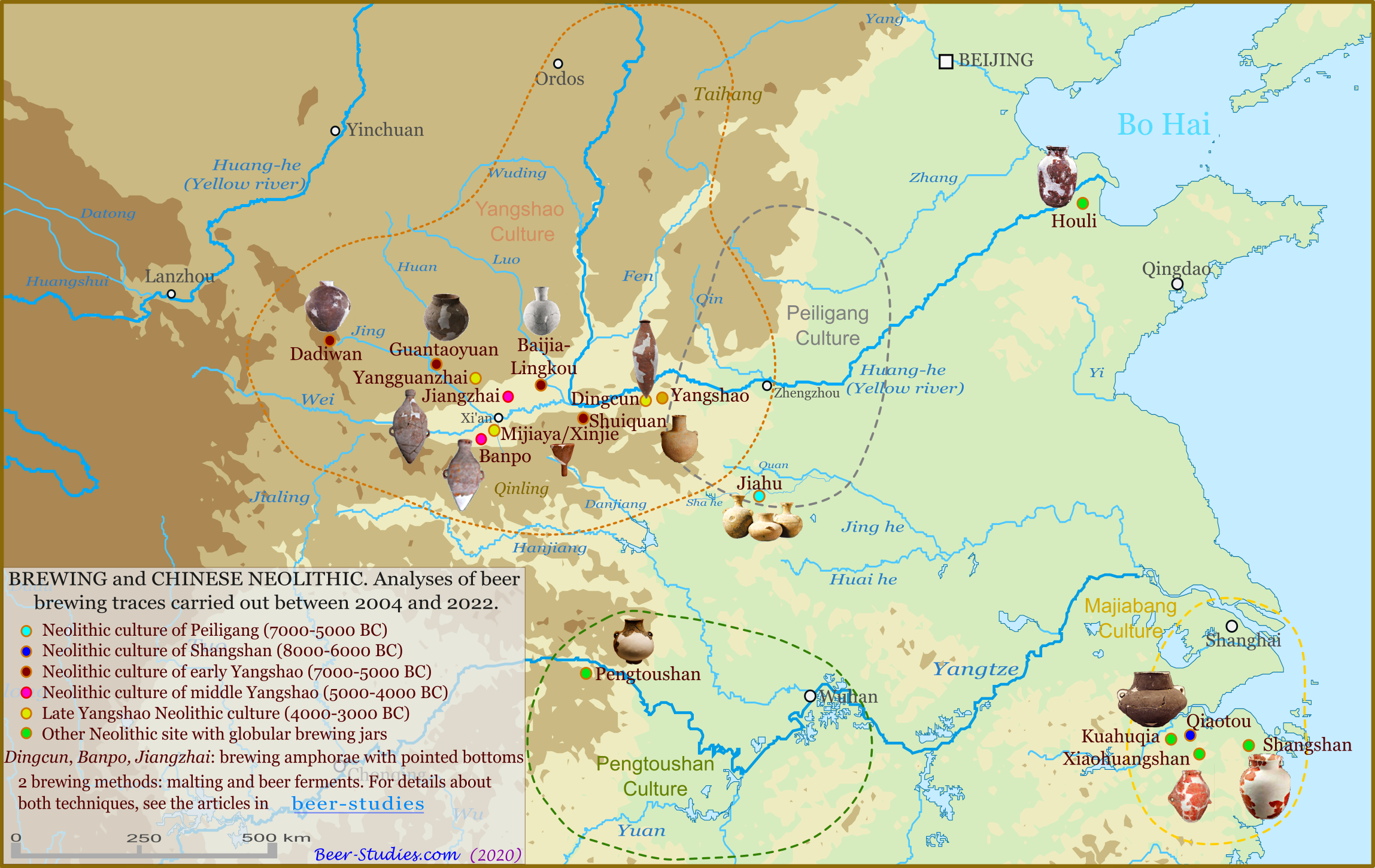 Location of Dingcun and Neolithic sites related to beer brewing in China