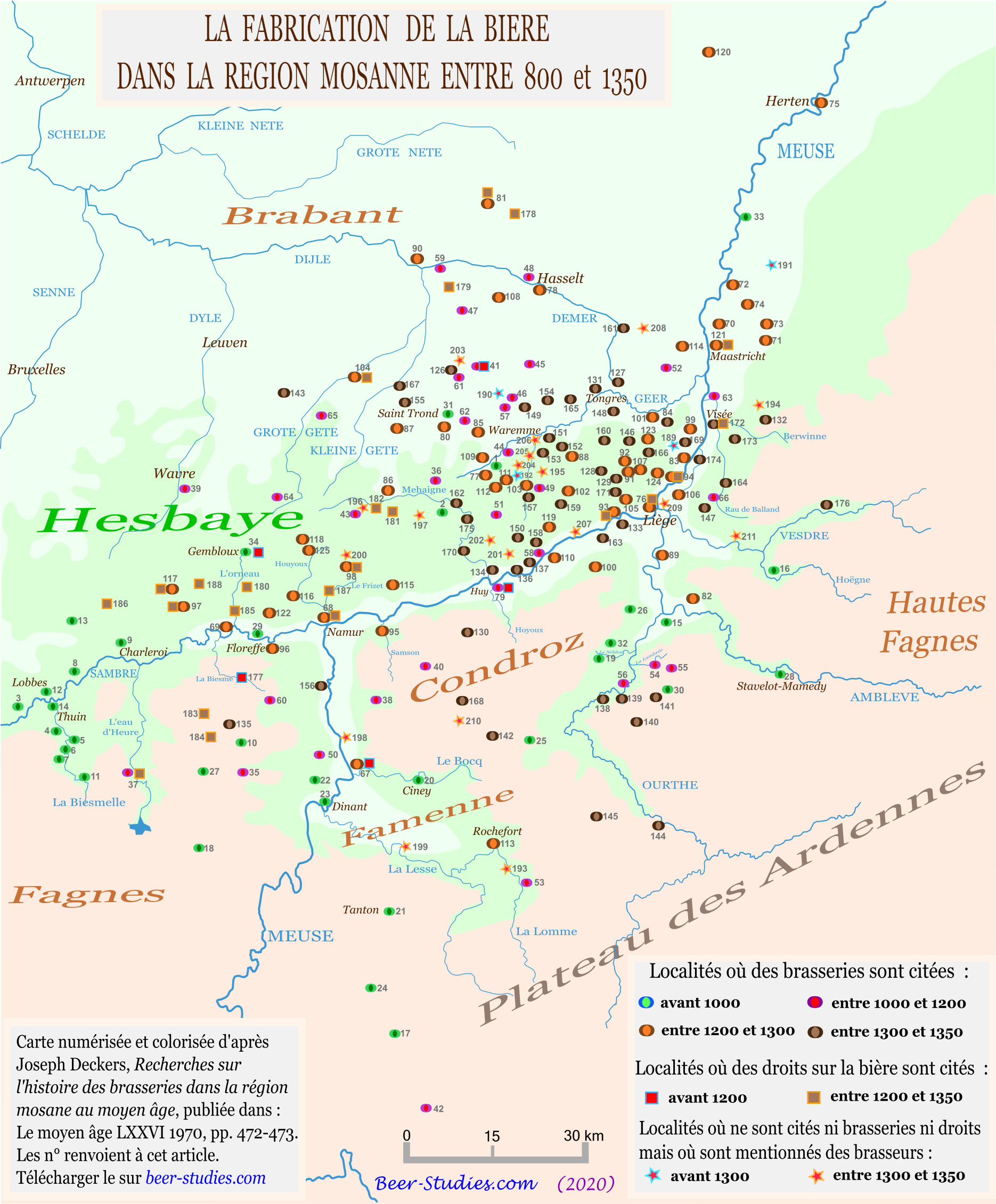 Deckers. Carte des brasseries du bassin moyen de la Meuse enre 800 et 1350