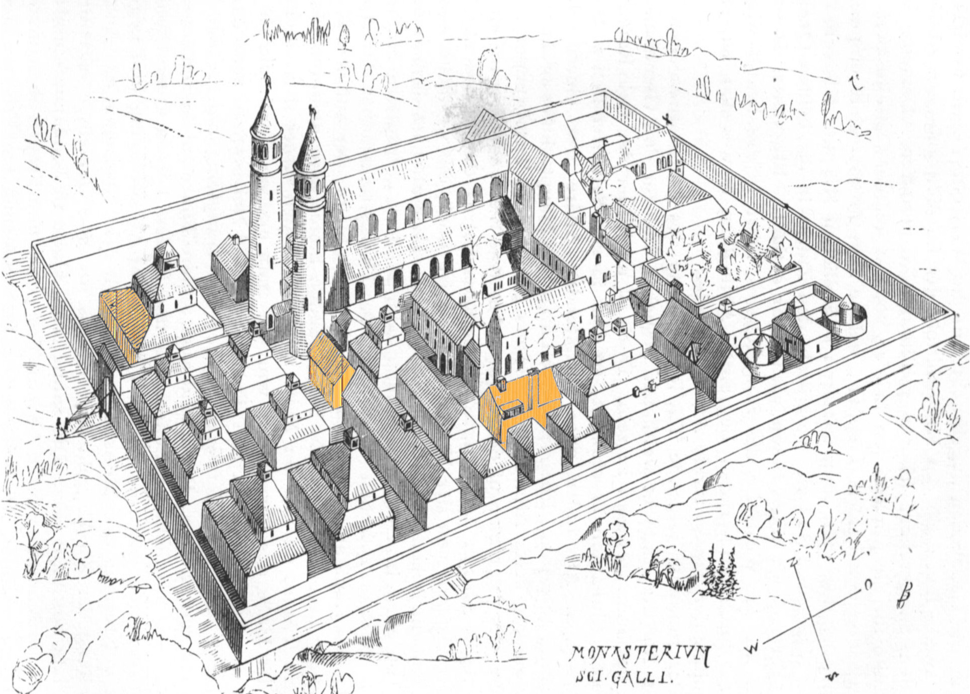 Plan of the abbey of St Gall drawn around 820 with its 3 breweries.