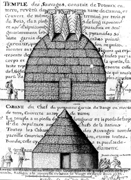 Natchez Indians, ceremonial house and chief's house, Alexander de Batz 1732.