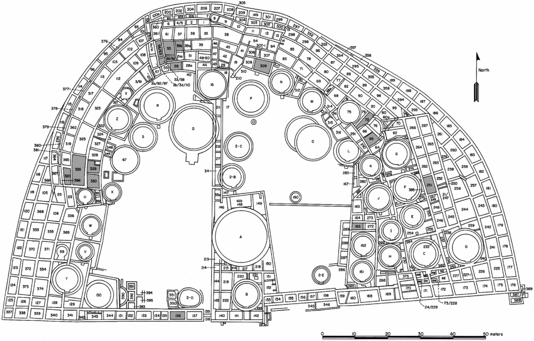 Localisation des jarres cylindriques retrouvées à Pueblo Bonito, pièces grisées