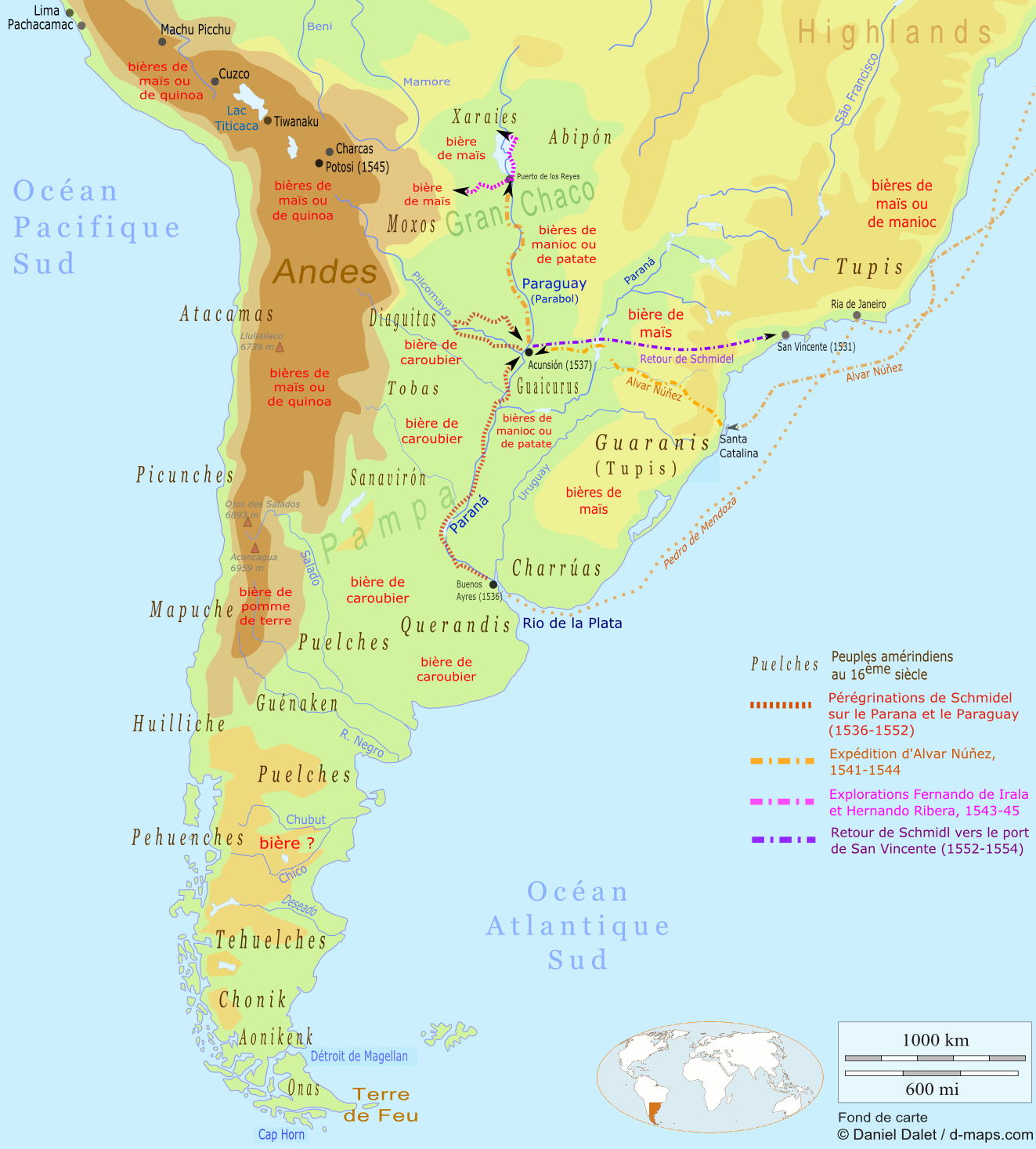 Carte Rio de la Plata 16ème siècle. Peuples amérindiens et sortes de bière