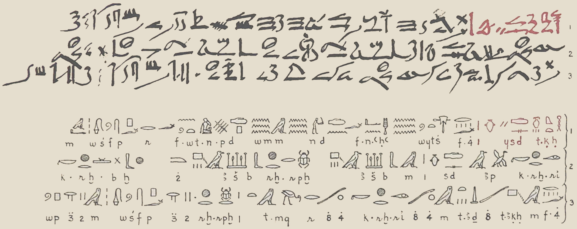 Ahmès/Rhind papyrus, problème 71, hiératique et transcription (droite à gauche)