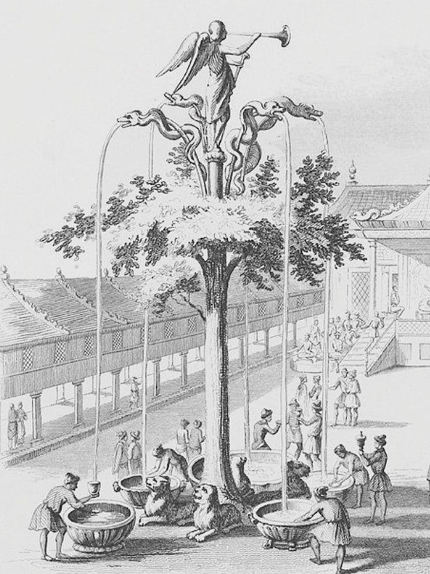 Recréation picturale (1735) de la fontaine aux 4 boissons fermentées conçue par Guillaume Boucher pour Möngke Khan.