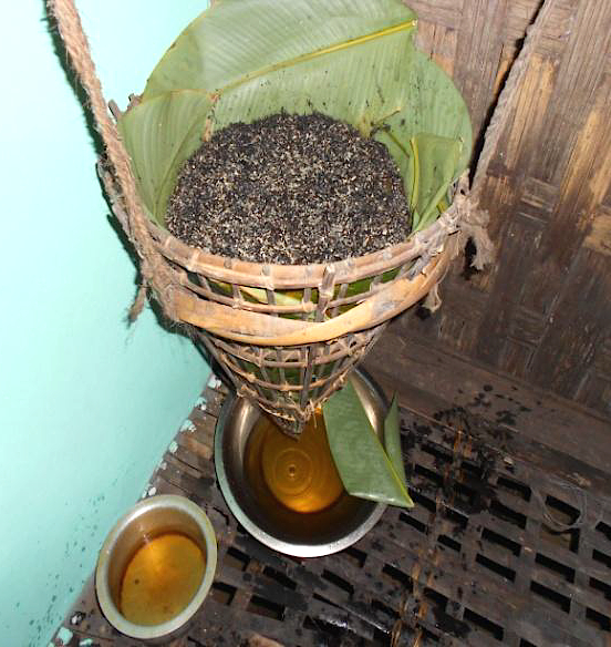 India, Assam. Apong rice mash filtered through a bamboo and banana leaves filter (Missing people)