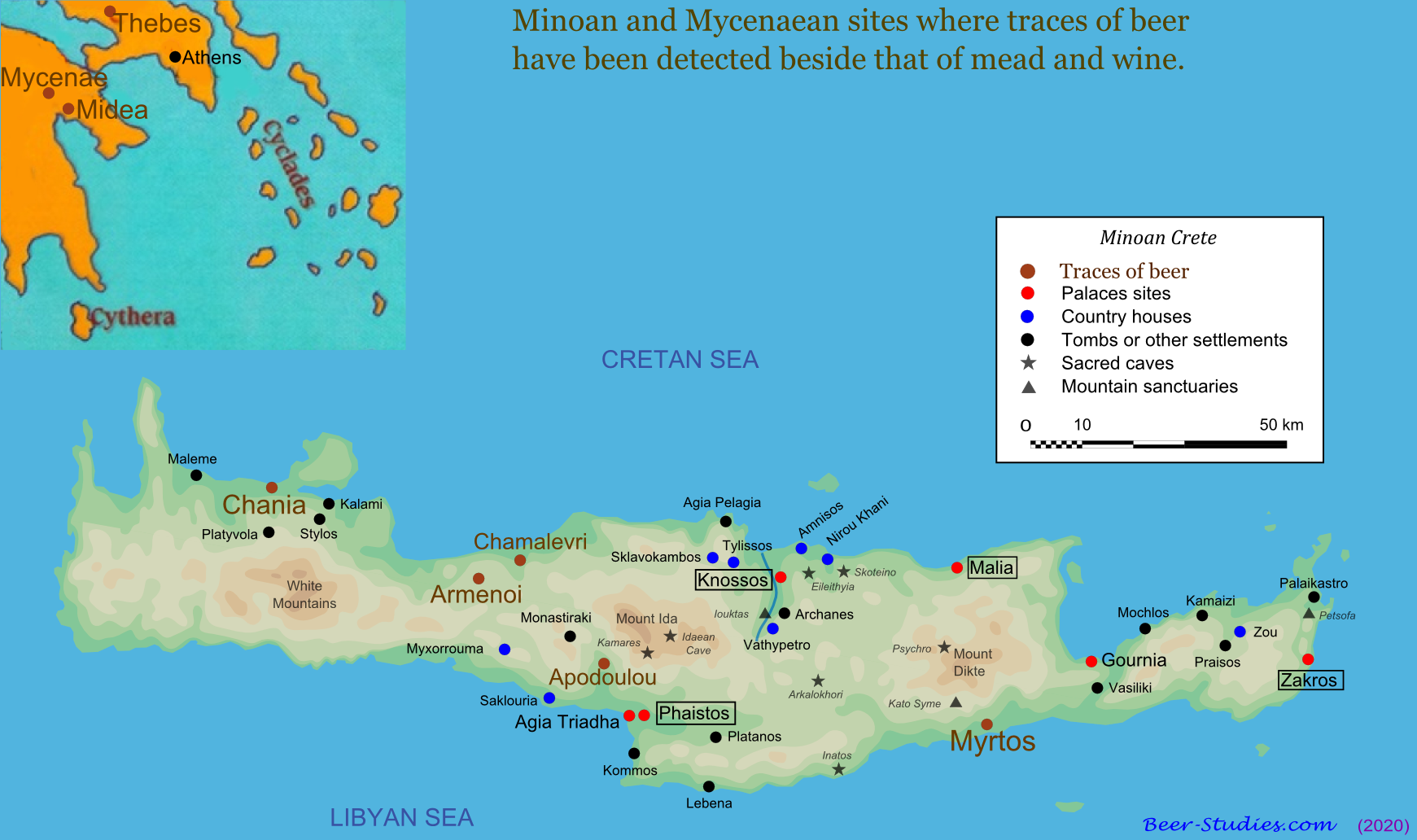 Sites minoens et mycéniens où des traces de bière ont été détectées