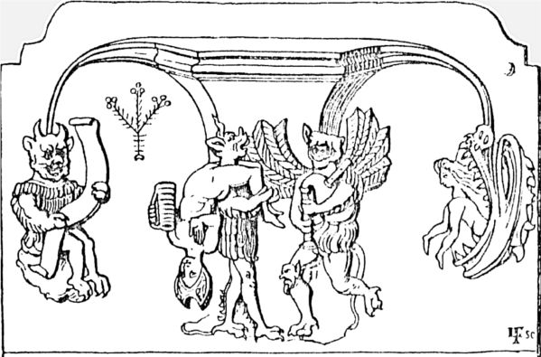 Tavernière allemande emportée par un diable en enfer. Sculpture médiévale.